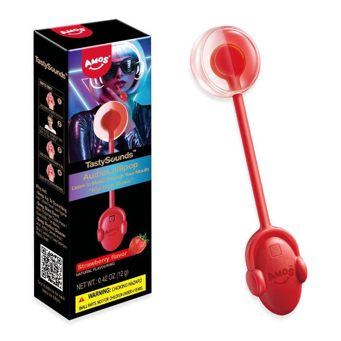 Amos TastySounds Music Audio Lollipop Strawberry .42oz 12ct - candynow.ca