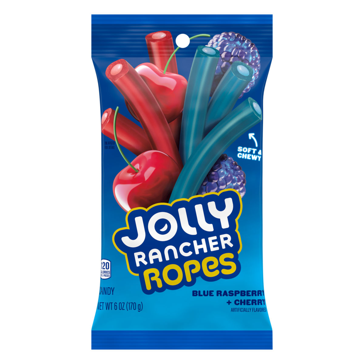 Jolly Rancher Ropes Blue Raspberry & Cherry Flavored Candy Peg Bag 6 oz. 6oz