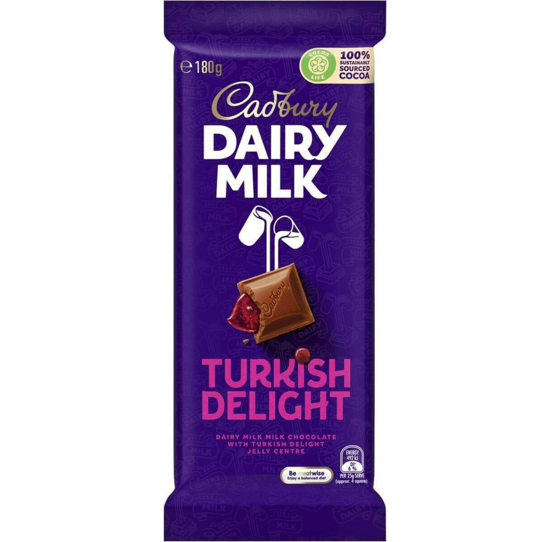 Cadbury Dairy Milk Turkish Delight Chocolate Block 180g 15ct (Australia) - candynow.ca