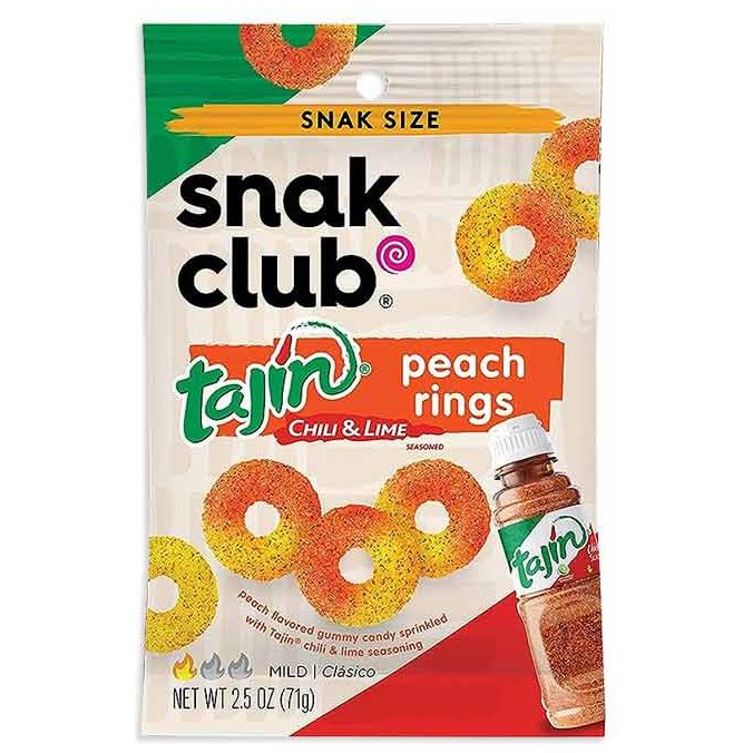 Snak Club Tajin Chili & Lime Peach Rings Peg Bag Vegan 2.5oz 12ct - candynow.ca