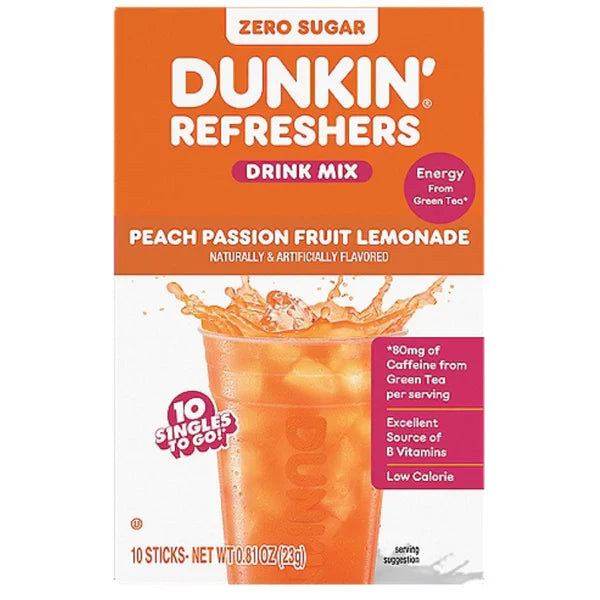 Dunkin Refreshers Peach Passionfruit Lemonade Drink Mix 10pcs Singles to Go 0.81oz