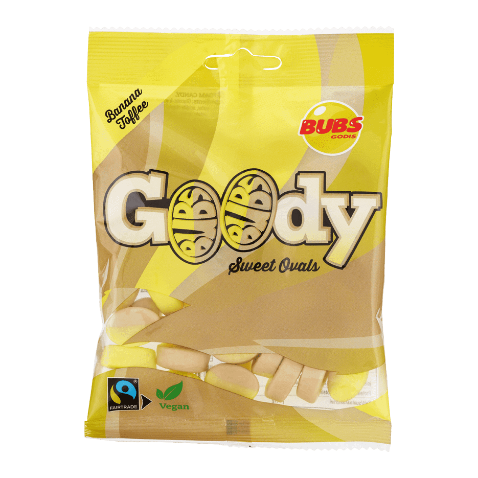 Bubs Goody Sweet Ovals Banana Toffee Vegan Peg Bag 90g 12ct (Sweden) - candynow.ca