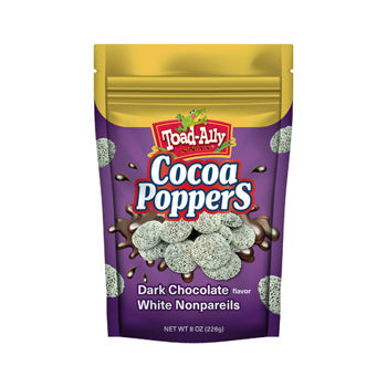 Toad Ally Cocoa Poppers Dark Chocolate with White Nonpareils Stand Up Bag 8oz
